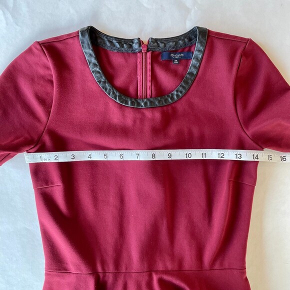 Madewell Black Leather Trim Short Sleeve Skater Mini Dress in Burgundy Red XS - Picture 10 of 12